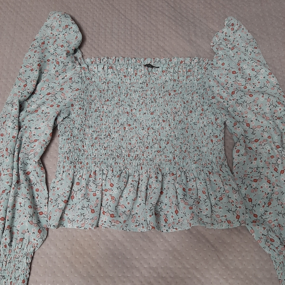 Shinestar Blue and Red Puff Sleeve Smocked Blouse